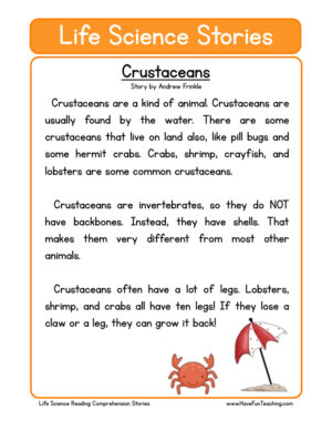 Crustaceans Life Science Reading Comprehension Worksheet