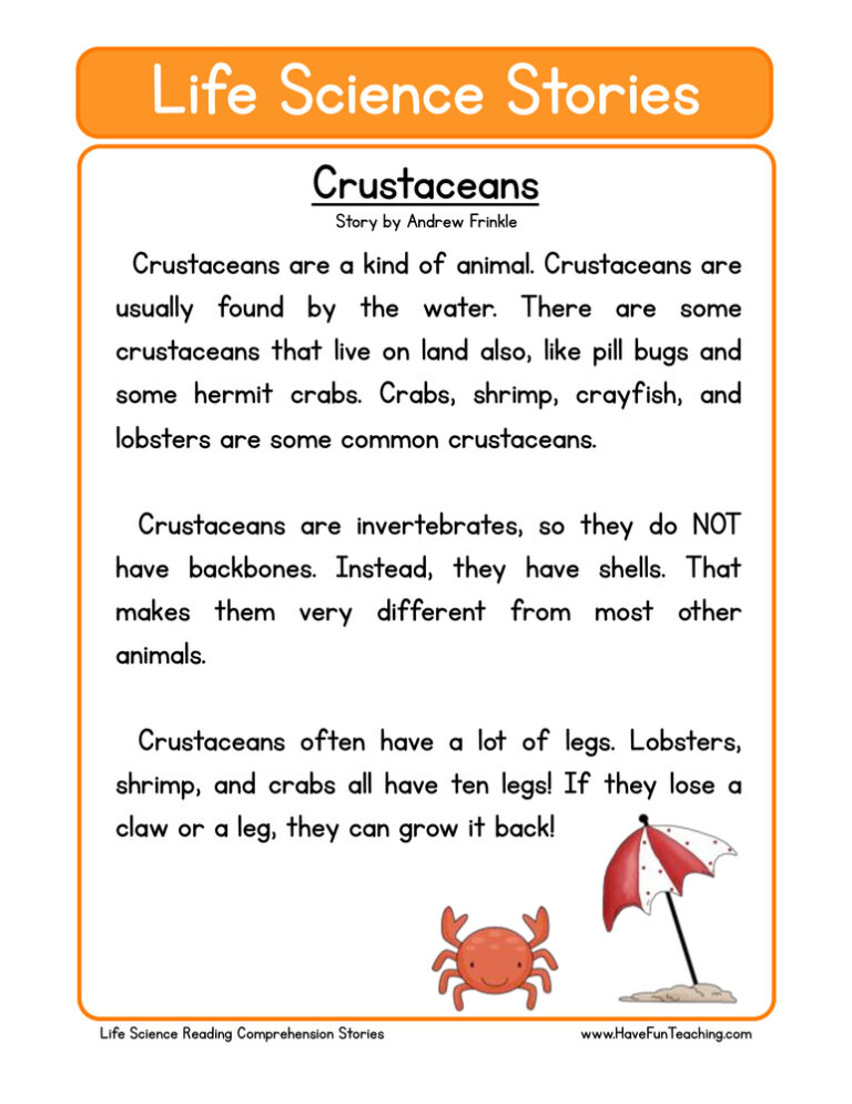 Crustaceans Life Science Reading Comprehension Worksheet