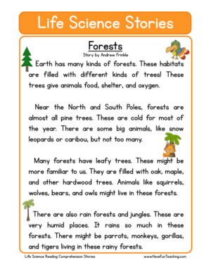 Forests Life Science Reading Comprehension Worksheet