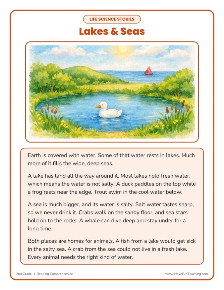 Lakes and Seas Life Science Reading Comprehension Worksheet