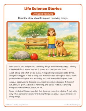 2nd grade living and nonliving life science reading comprehension worksheet passage page