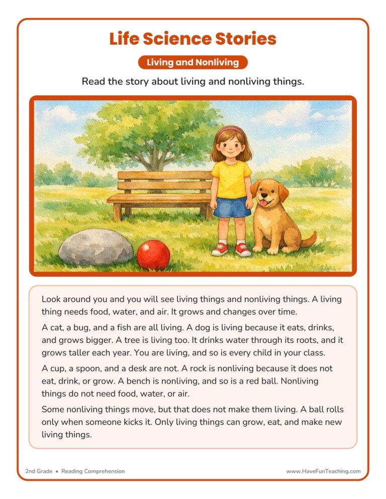 Living and Nonliving Life Science Reading Comprehension Worksheet