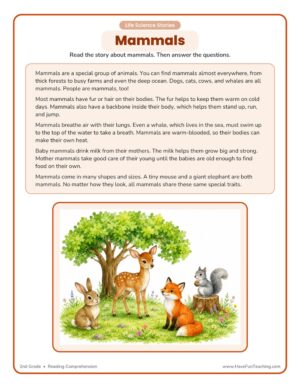 2nd grade mammals life science reading comprehension worksheet