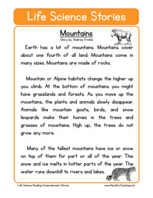Mountains Life Science Reading Comprehension Worksheet