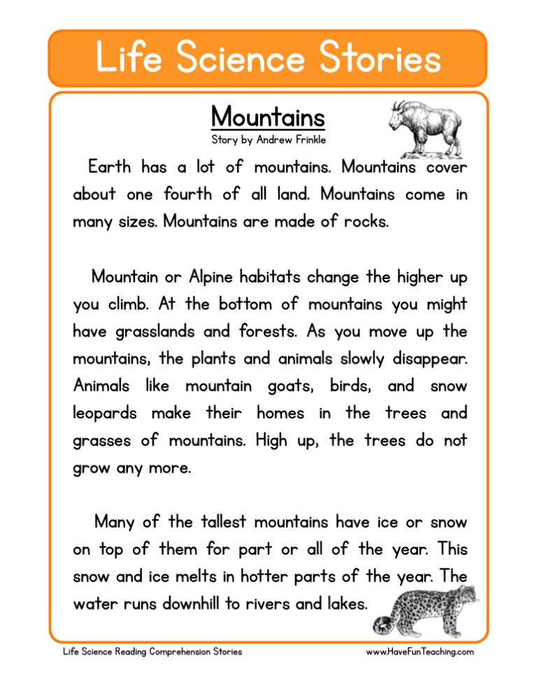 Mountains Life Science Reading Comprehension Worksheet