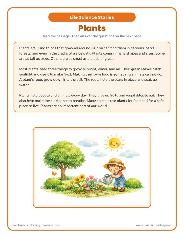Plants Life Science Reading Comprehension Worksheet