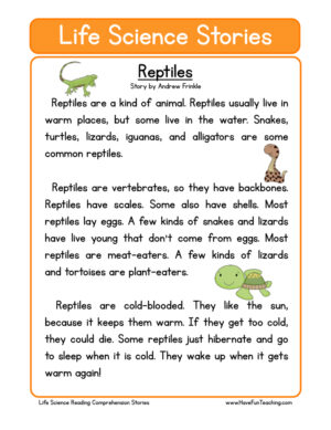 Reptiles Life Science Reading Comprehension Worksheet