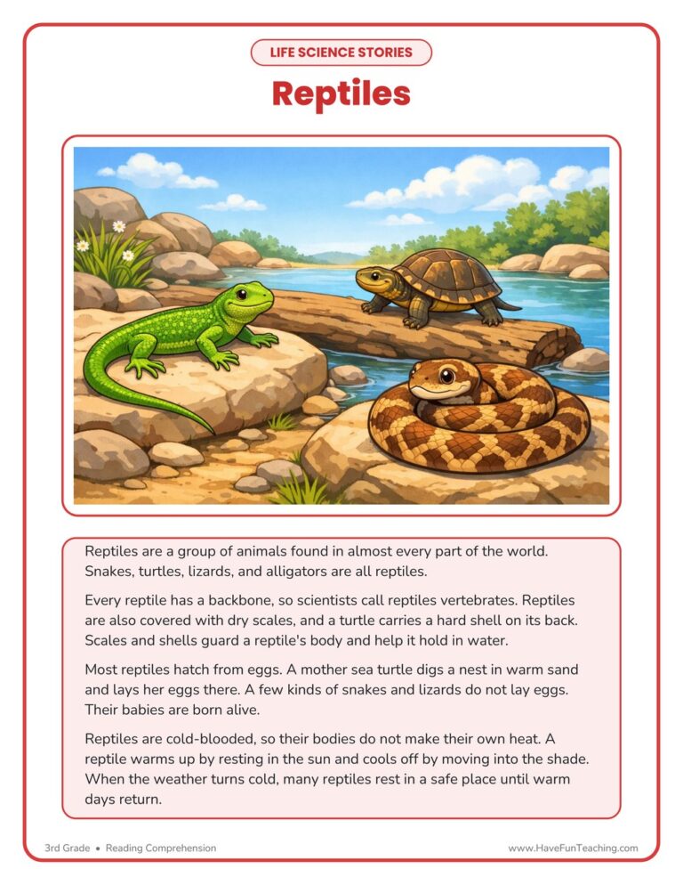 Reptiles Life Science Reading Comprehension Worksheet