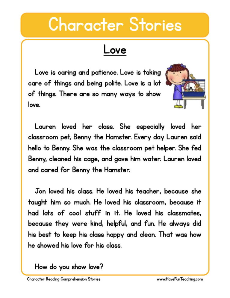 Love Character Reading Comprehension Worksheet