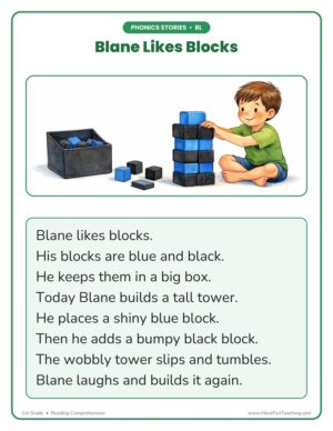 Blane Likes Blocks BL phonics stories reading comprehension worksheet for 1st grade, page 1 with the bl-blend story