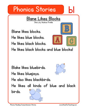 Blane Likes Blocks BL Phonics Stories Reading Comprehension Worksheet
