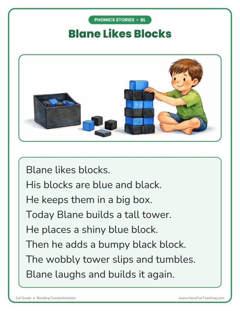 Blane Likes Blocks BL Phonics Stories Reading Comprehension Worksheet
