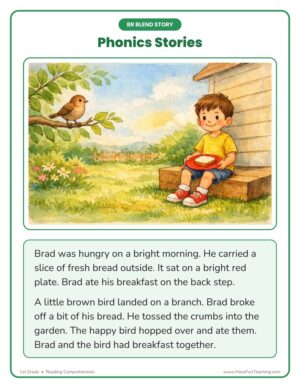 1st Grade BR blends phonics story reading comprehension worksheet