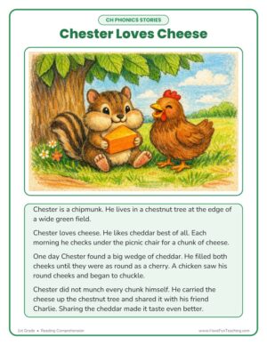 1st Grade CH digraph phonics story reading comprehension worksheet