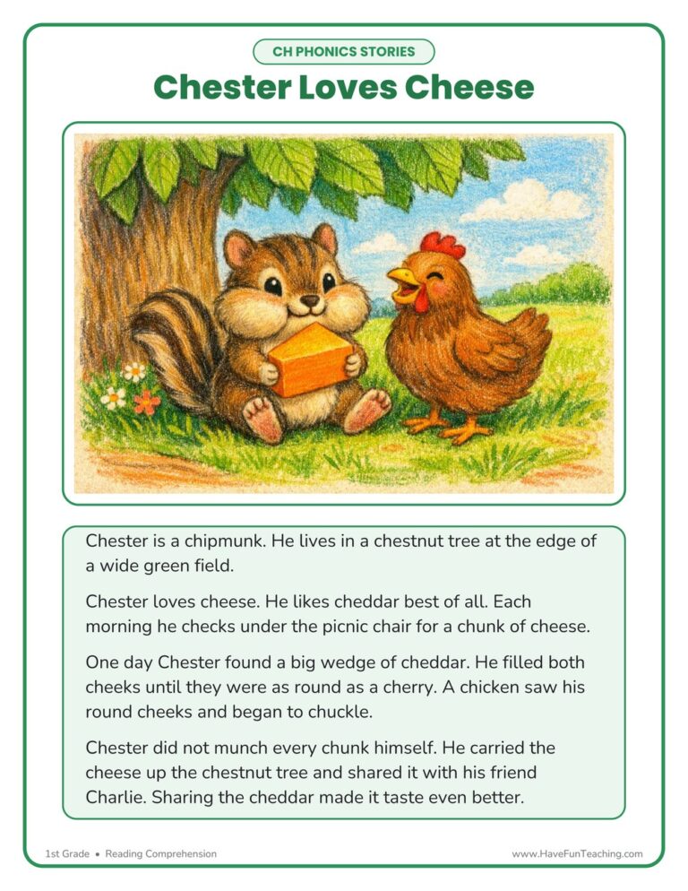 Chester Loves Cheese CH Phonics Stories Reading Comprehension Worksheet