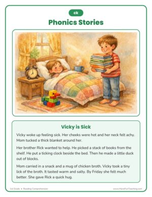 1st Grade CK digraph phonics story reading comprehension worksheet