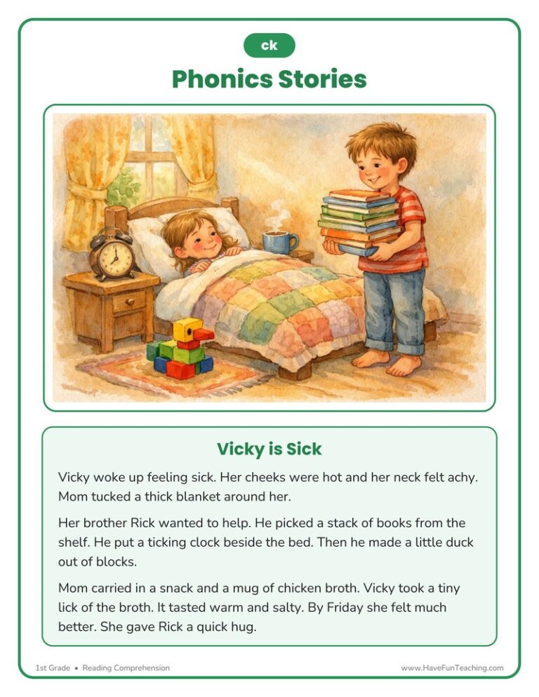 Vicky is Sick CK Phonics Stories Reading Comprehension Worksheet