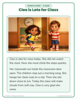 1st Grade CL blend phonics story reading comprehension worksheet