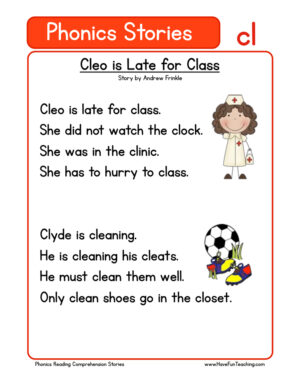Cleo is Late for Class CL Phonics Stories Reading Comprehension Worksheet