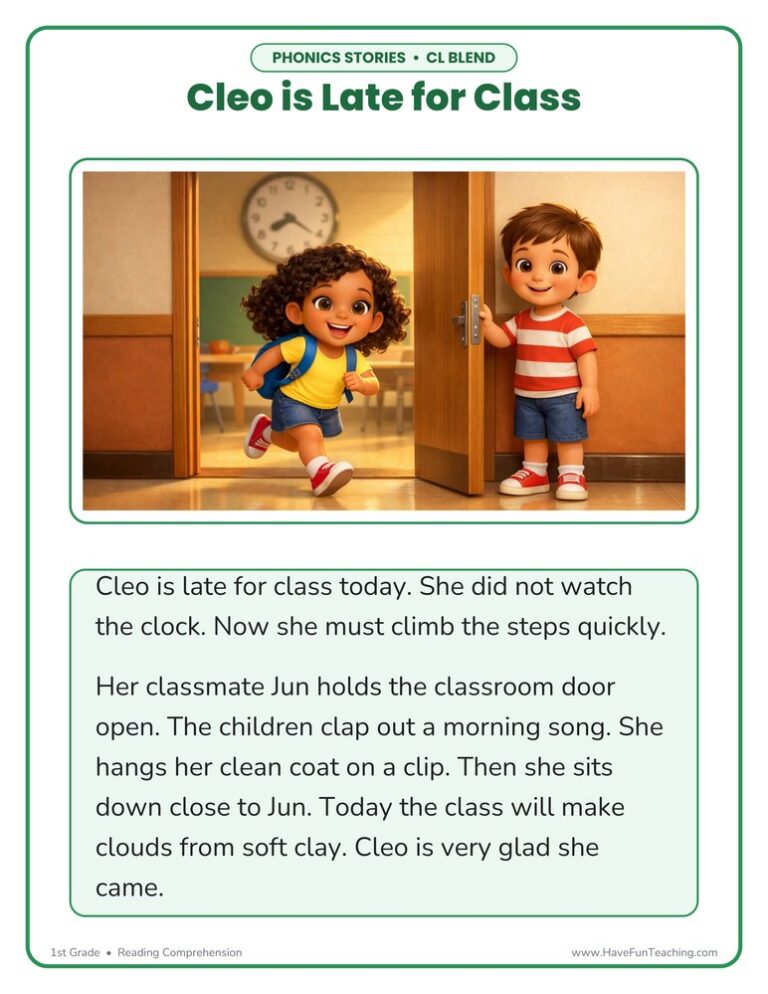 Cleo is Late for Class CL Phonics Stories Reading Comprehension Worksheet