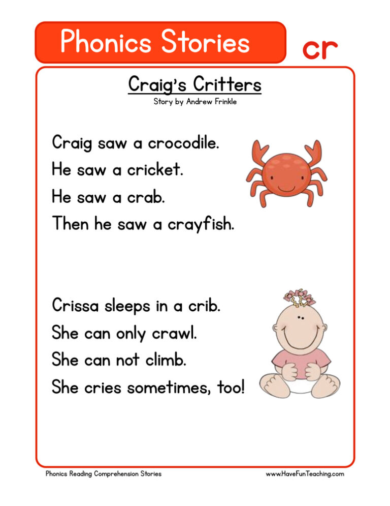 Craig's Critters CR Phonics Stories Reading Comprehension Worksheet