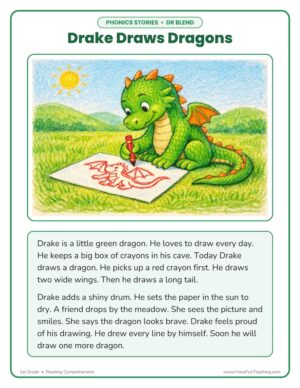 1st Grade DR consonant blends reading comprehension worksheet