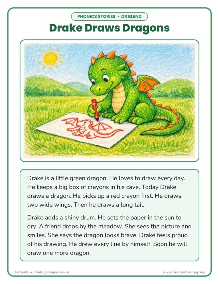 Drake Draws Dragons DR Phonics Stories Reading Comprehension Worksheet