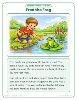 First grade fred the frog fr phonics stories reading comprehension worksheet page 1 with an illustrated FR blend story about Fred the frog at a pond