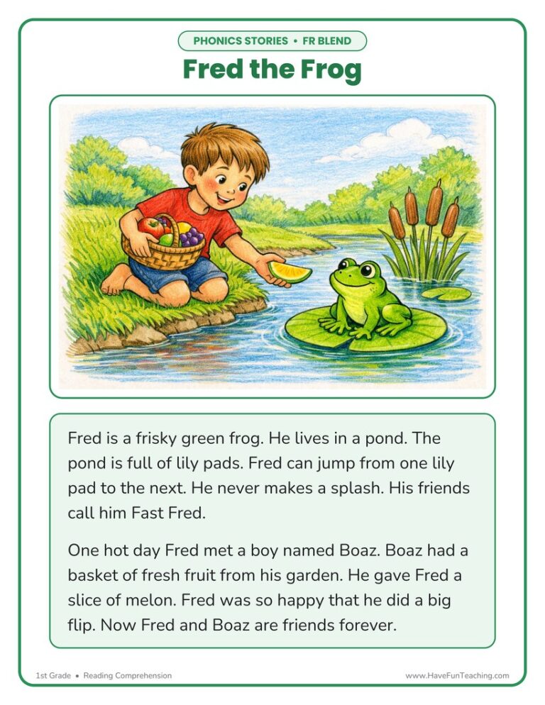 Fred the Frog FR Phonics Stories Reading Comprehension Worksheet