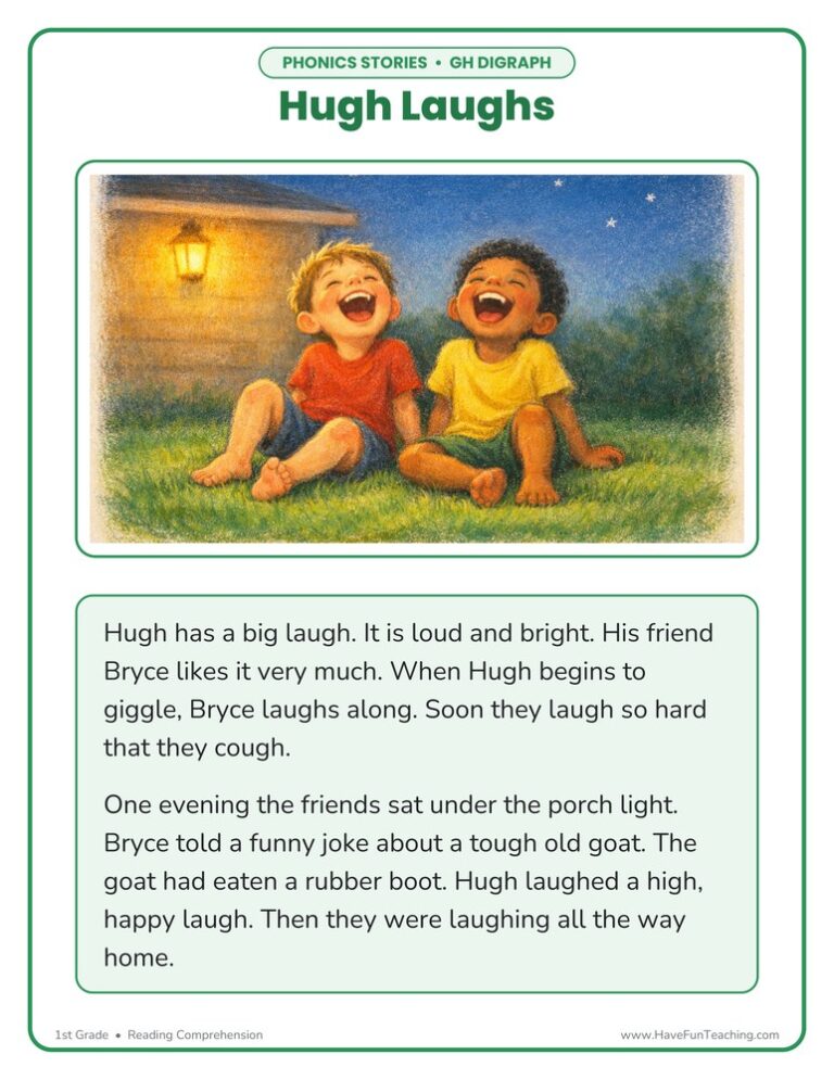 Hugh Laughs GH Phonics Stories Reading Comprehension Worksheet