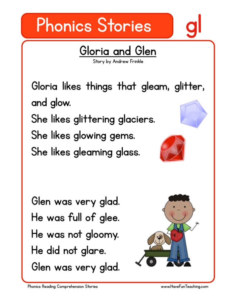 Gloria and Glen GLPhonics Stories Reading Comprehension Worksheet
