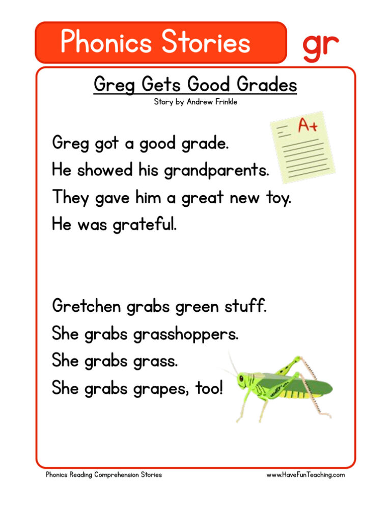Greg Gets Good Grades GR Phonics Stories Reading Comprehension Worksheet