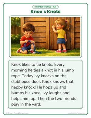 1st Grade KN phonics stories reading comprehension worksheet page 1 with the story Knox's Knots