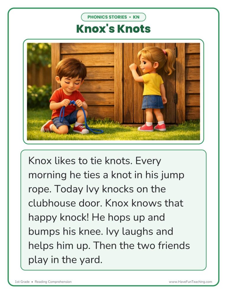 Knox's Knots KN Phonics Stories Reading Comprehension Worksheet
