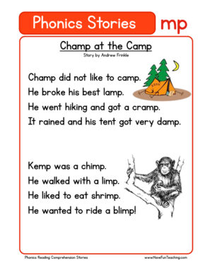 Champ at the Camp MP Phonics Stories Reading Comprehension Worksheet