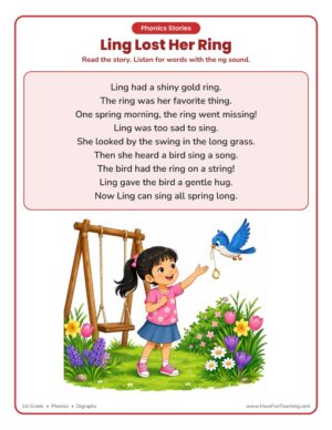 First grade NG digraph phonics reading comprehension worksheet
