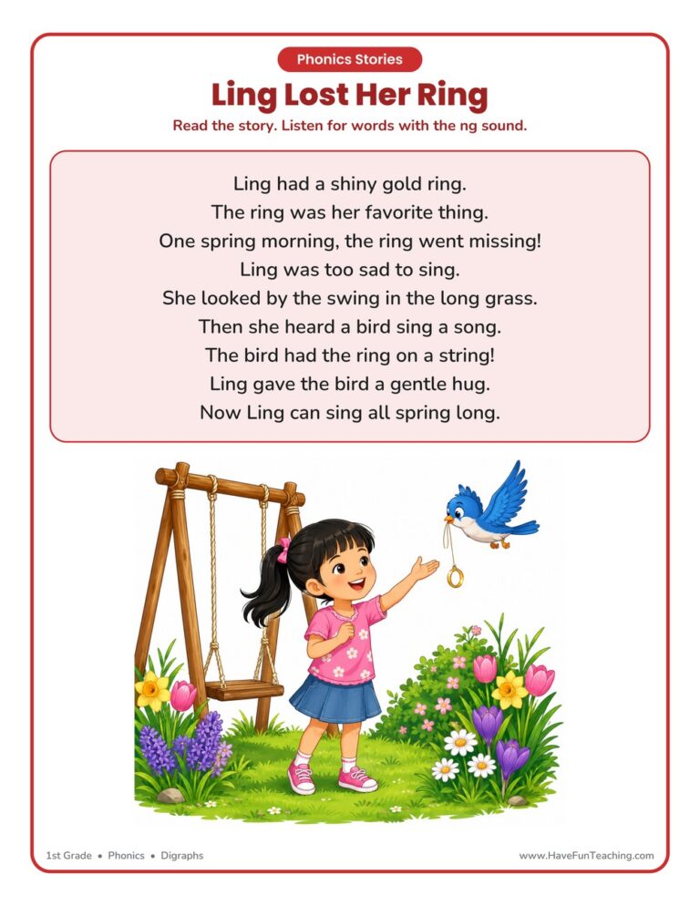 Ling Lost Her Ring NG Phonics Stories Reading Comprehension Worksheet