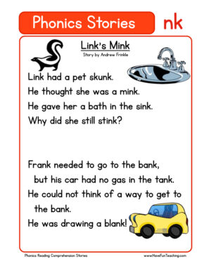 Link's Mink NK Phonics Stories Reading Comprehension Worksheet
