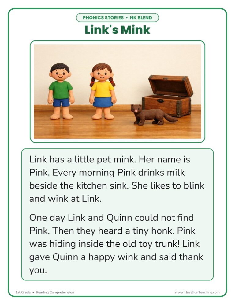 Link's Mink NK Phonics Stories Reading Comprehension Worksheet