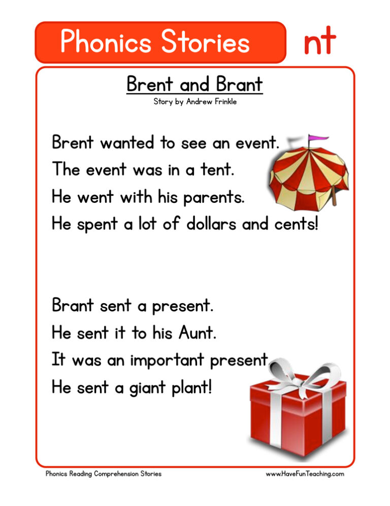 Brent and Brant NT Phonics Stories Reading Comprehension Worksheet