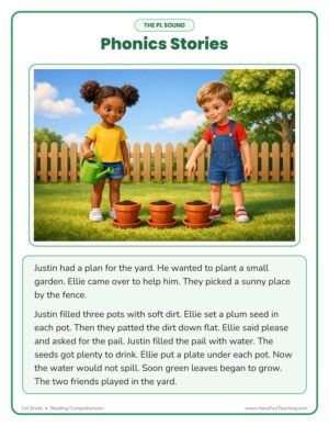 1st Grade PL blend phonics stories reading comprehension worksheet