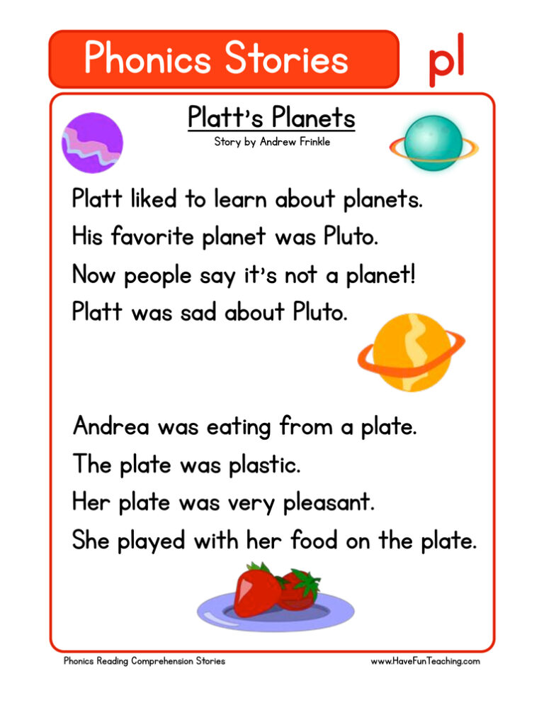 Platt's Planets PL Phonics Stories Reading Comprehension Worksheet
