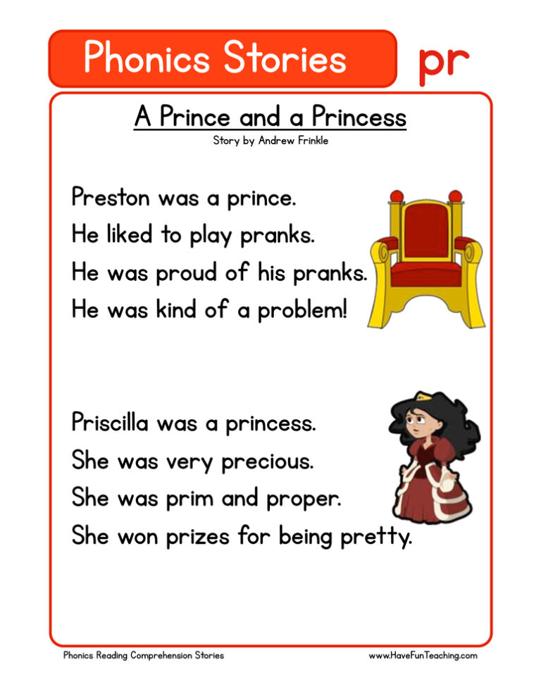 A Prince and a Princess PR Phonics Stories Reading Comprehension Worksheet