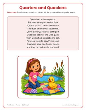 First Grade QU digraph phonics stories reading comprehension worksheet