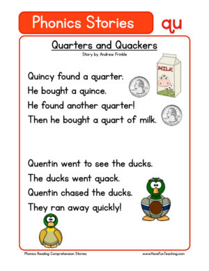 Quarters and Quackers QU Phonics Stories Reading Comprehension Worksheet