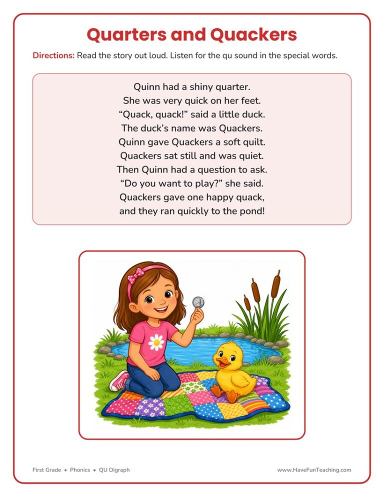 Quarters and Quackers QU Phonics Stories Reading Comprehension Worksheet
