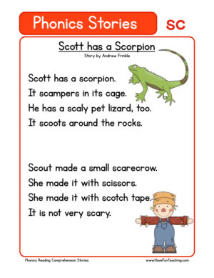 Scott has a Scorpion SC Phonics Stories Reading Comprehension Worksheet