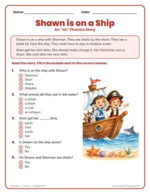 A first grade SH digraph phonics story reading comprehension worksheet with the story Shawn is on a Ship and multiple-choice questions.