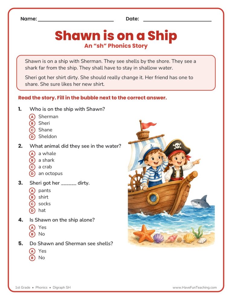 Shawn is on a Ship SH Phonics Stories Reading Comprehension Worksheet