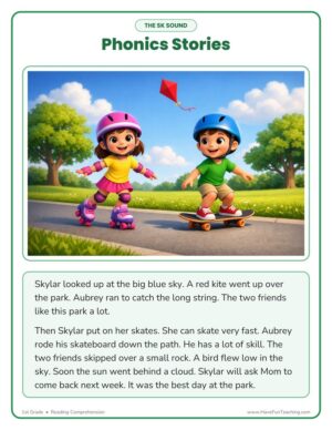 1st Grade SK blends phonics story reading comprehension worksheet